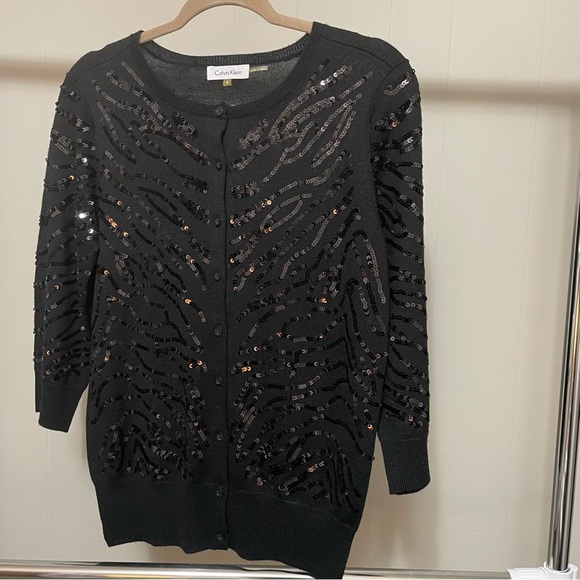 Calvin Klein Black Sequin Sweater Small Holiday Chic Office Party Festive - Picture 1 of 4